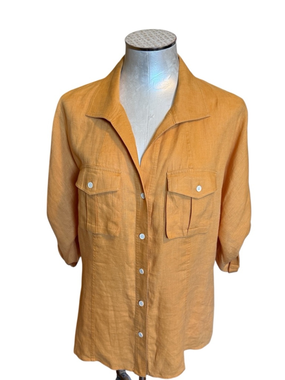 Lafayette 148 New York 100%Linen Button Front Shirt Orange Size 12 Relaxed Fit